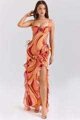 Lumira Sunset Swirl Print Ruffle Cut Out Maxi Dress