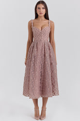 Lovely French Rose Jacquard Sweetheart Neckline Midi Dress - SALE