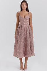 Lovely French Rose Jacquard Sweetheart Neckline Midi Dress - SALE