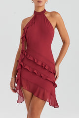 Mistress Rocks Sangria Ruffe Halter Dress - SALE