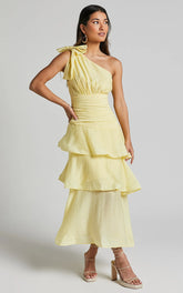 Eugenia Midi Dress One Shoulder Fit and Flare Layered Dress in Yellow