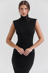 Gaia Black Cashmere Blend Turtle Neck Midi Dress