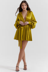 Allegra Chartreuse Pleated Shirt Dress
