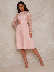 Long Sleeve Crochet Midi Dress in Pink