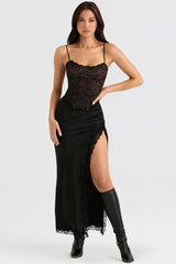 Ruby Black Satin Lace Trim Midi Skirt