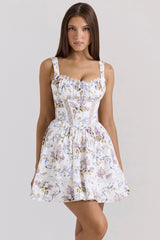 Kimmie White Floral Ribbon Print Cotton Mini Dress