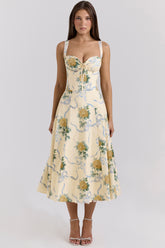 Rosalee Lemon Vintage Ribbon Print Cotton Midi Dress