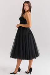 Countess Black Tulle Ruched Bodice Midi Dress - SALE