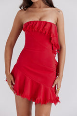 Mistress Rocks Red Frayed Denim Strapless Mini Dress - SALE