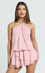 Hillary Mini Dress Halter Blouson A Line Dress in Rose
