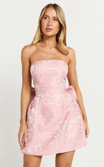 Wynn Mini Dress Strapless Ribbon Back Detail Dress in Pink