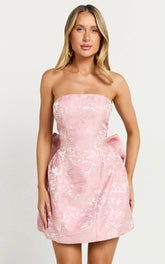 Wynn Mini Dress Strapless Ribbon Back Detail Dress in Pink