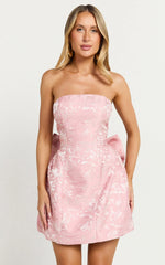 Wynn Mini Dress Strapless Ribbon Back Detail Dress in Pink