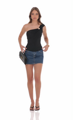 Embellished Capped One Shoulder Top in Black