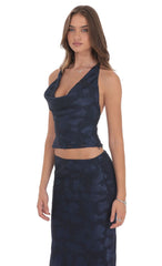 Floral Cowl Neck Halter Top in Navy