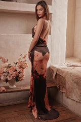 Mariamma Dark Brown Floral Printed Satin Maxi Dress