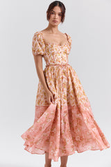 Penelope Peach Poppy Print Puff Sleeve Midi Sundress