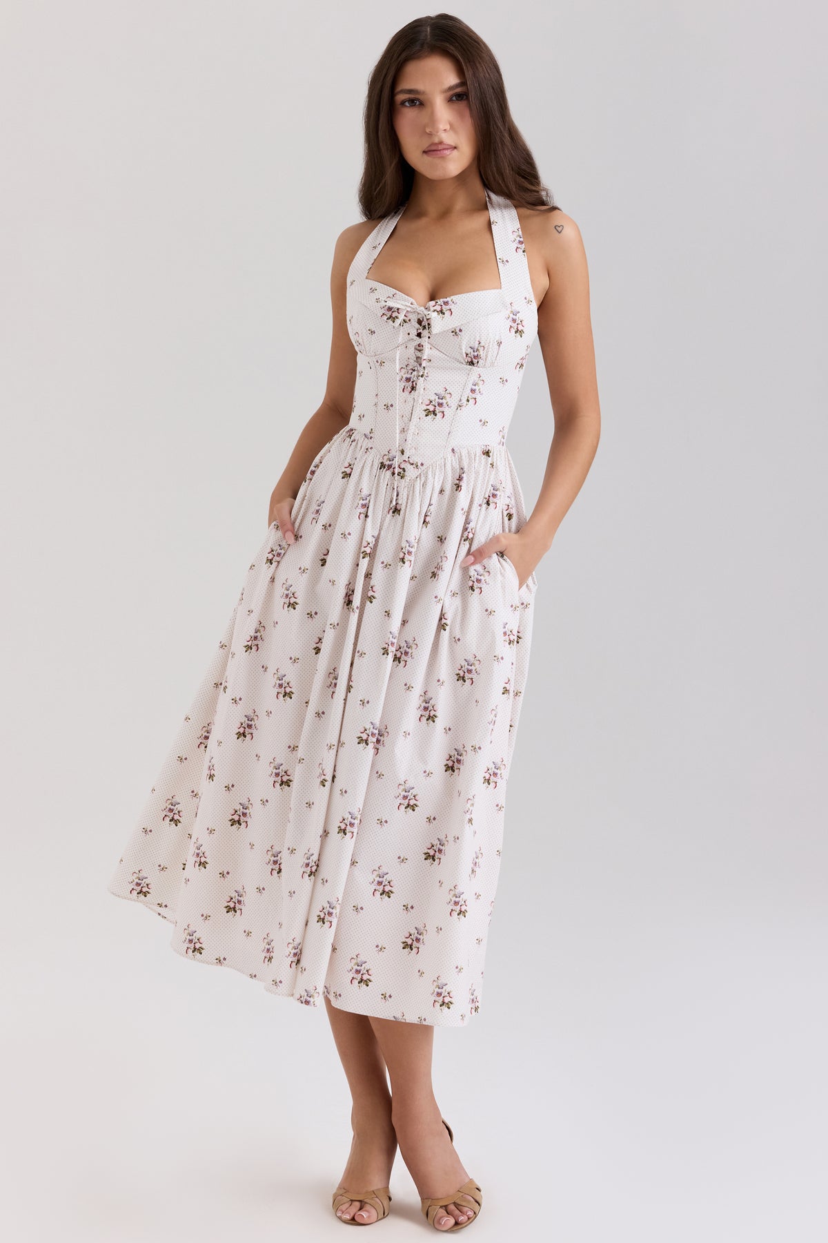 Emilia Cream Floral Print Stretch Cotton Halter Neck Midi Dress
