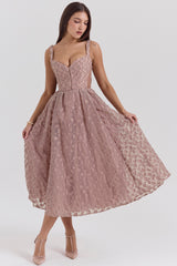 Lovely French Rose Jacquard Sweetheart Neckline Midi Dress - SALE