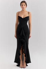 Gabbi Black Mesh Ruffled Front Gown