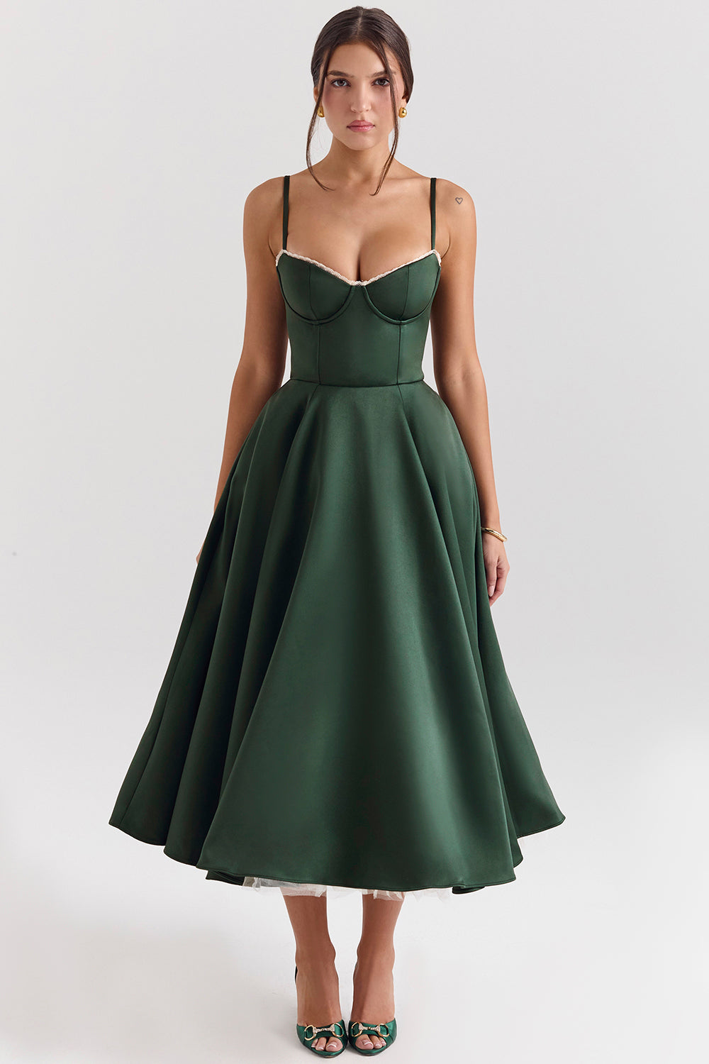 Mademoiselle Forest Green Satin Tulle Midi Dress