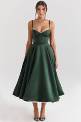 Mademoiselle Forest Green Satin Tulle Midi Dress