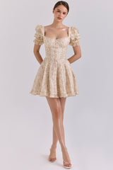 Melita Cream Floral Print Chiffon Puff Sleeve Mini Dress