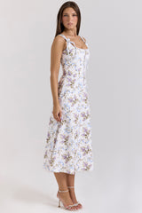 Dionne Off White Floral Print Cotton Midi Dress
