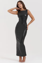 Sahara Black Vegan Leather Maxi Dress