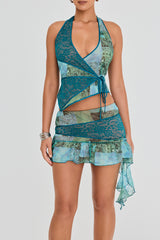 Mistress Rocks Ocean Teal Print Asymmetric Mini Skirt - SALE