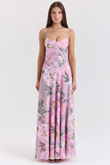 Seren Pink Floral Print Lace Back Maxi Dress