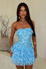 Myrtle Strapless Ruffle Mini Dress - Blue Floral
