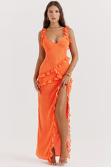 Pixie Flame Orange Ruffle Maxi Dress