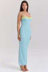 Aiza Ocean Blue Contrast Lace Maxi Dress