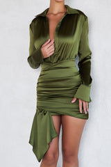 Mistress Rocks Olive Satin Draped Shirt Dress - SALE