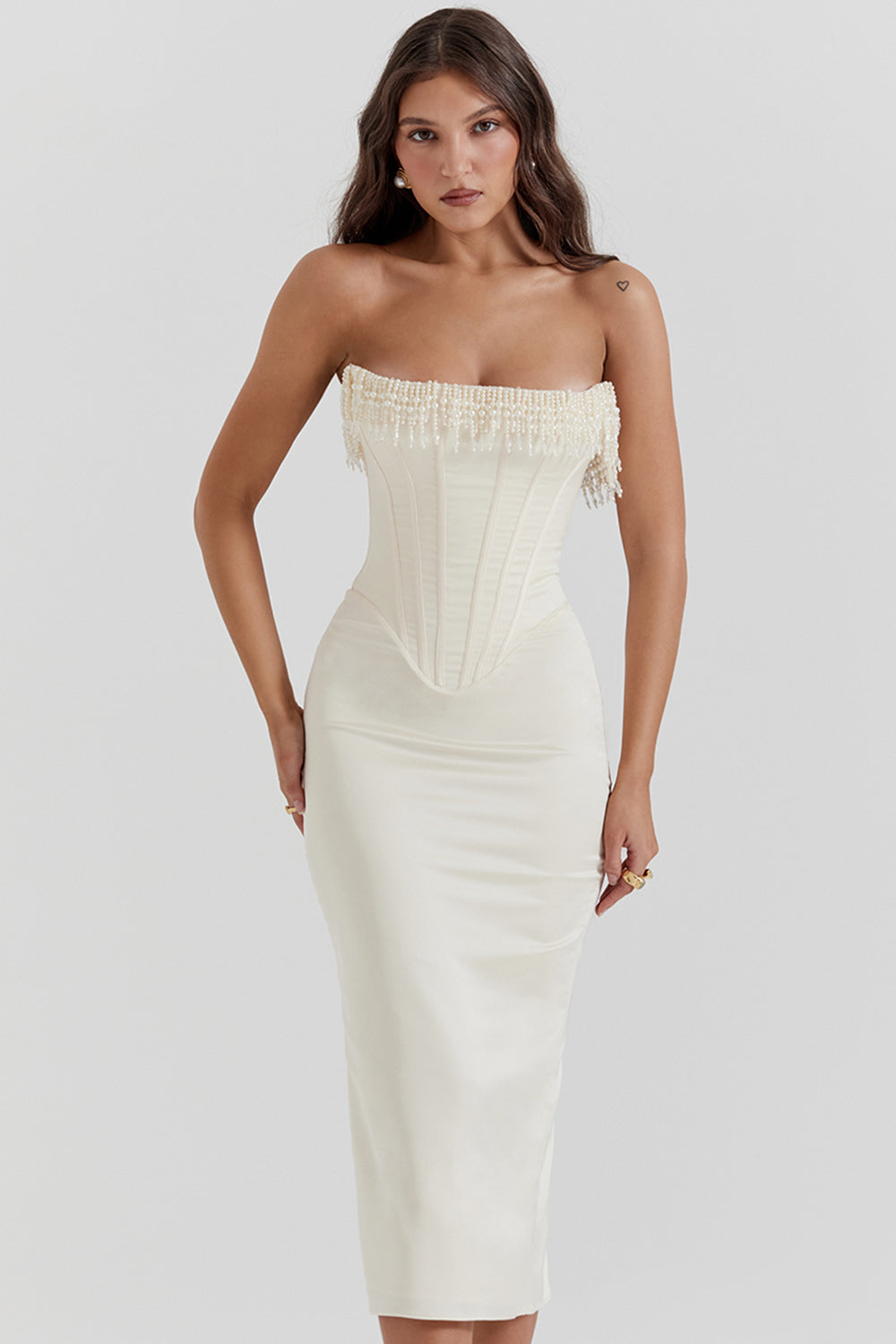 Nalita Vintage Cream Embellished Strapless Dress