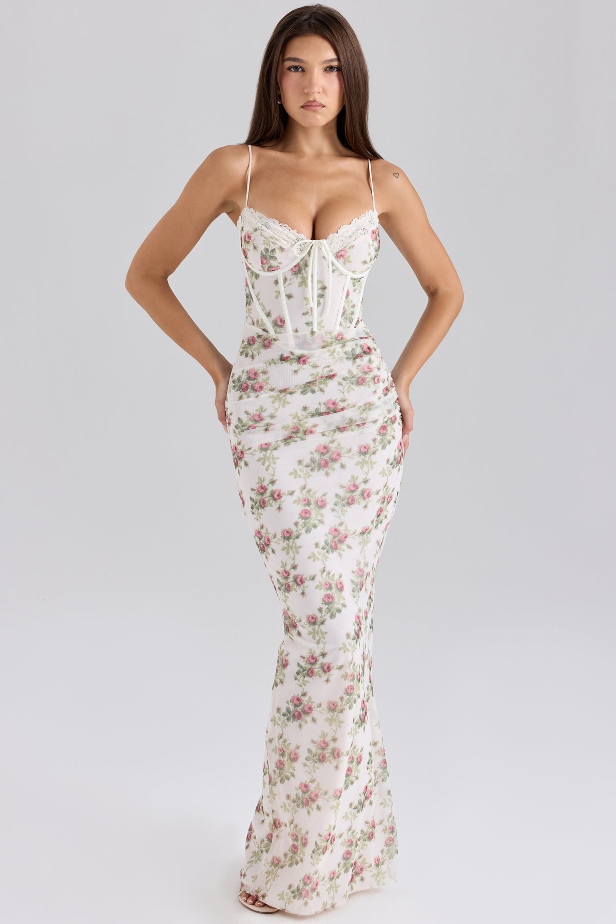 Calista Cream Rose Print Mesh Maxi Dress