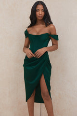 Loretta Emerald Green Satin Off Shoulder Dress
