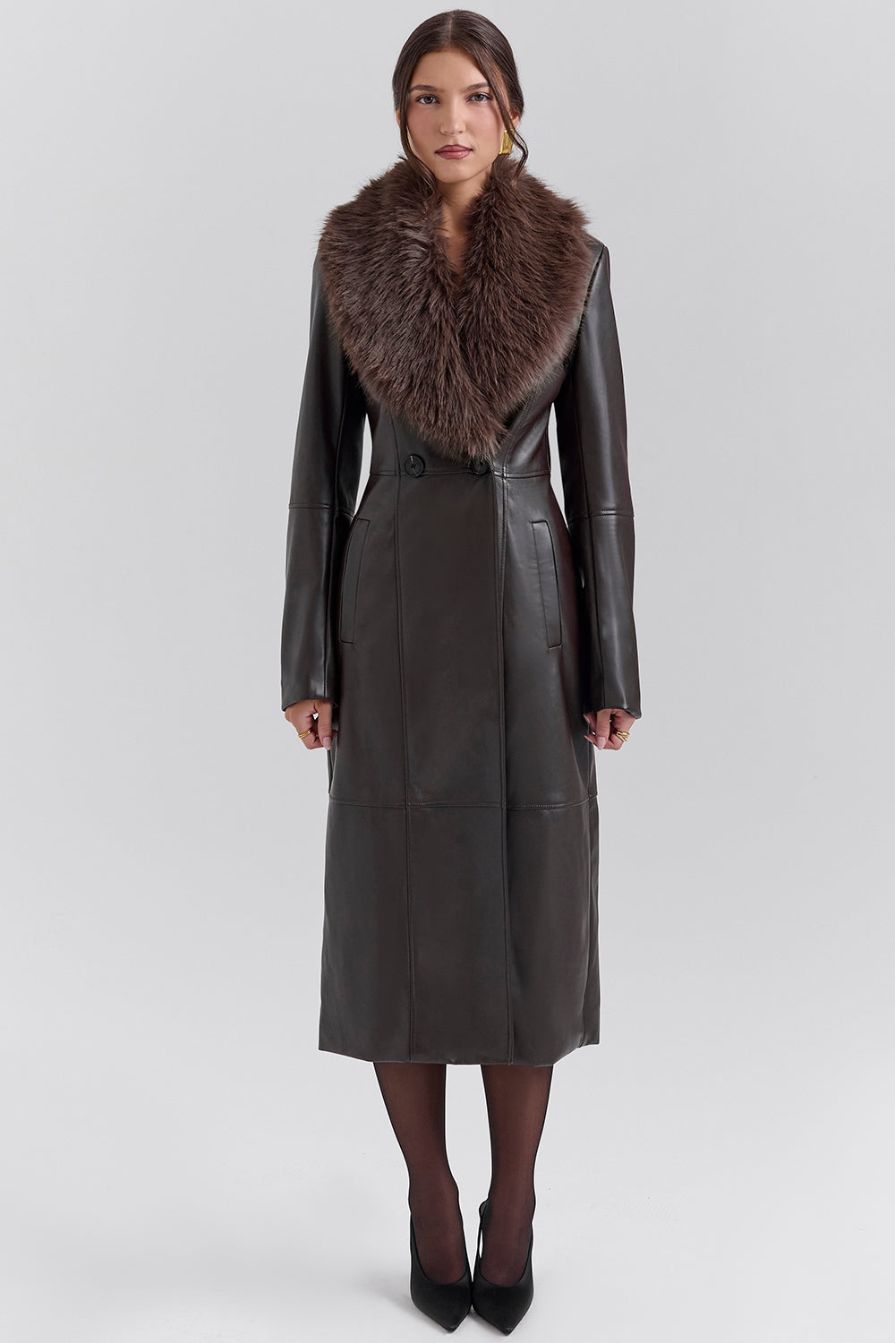Marcel Brown Faux Fur Trimmed Vegan Leather Coat