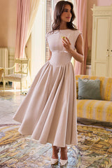 Debutante French Dove Moire Satin Backless Midi Dress