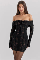 Sadie Black Floral Lace Off Shoulder Mini Dress
