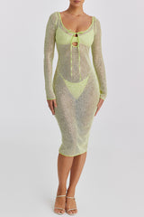 Mistress Rocks Lime Sequinned Crochet Midi Dress With Matching Underwear - SALE
