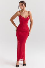 Nalini Holly Red Stretch Mesh Corset Maxi Dress
