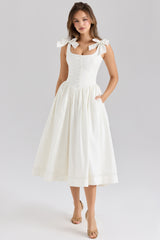 Lillia White Stretch Cotton Bow Midi Dress