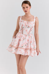 Kimmie Peach Floral Rose Print Cotton Mini Dress