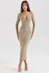 Saisha Beige Mesh Long Sleeve Bodycon Midi Dress