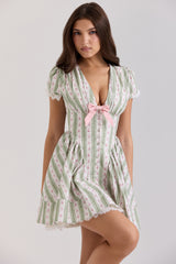 Emiliana Green Stripe Floral Print Stretch Cotton Mini Dress