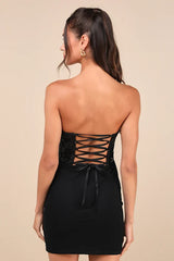 Exquisite Allure Black Mesh Sequin Strapless Bustier Mini Dress