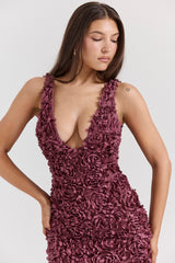 Carena Merlot Plunge Floral Appliqué Maxi Dress