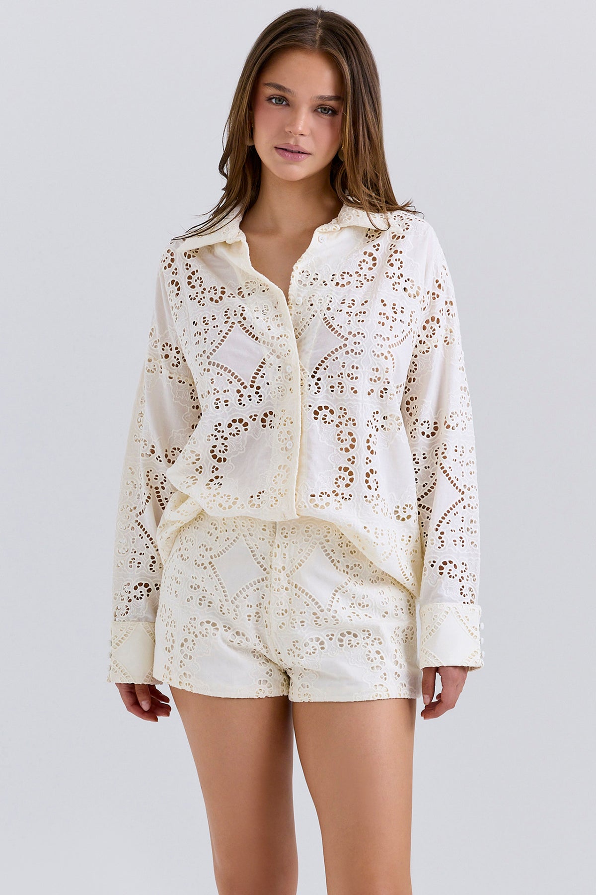 Eman White Cotton Broderie Anglaise Shorts